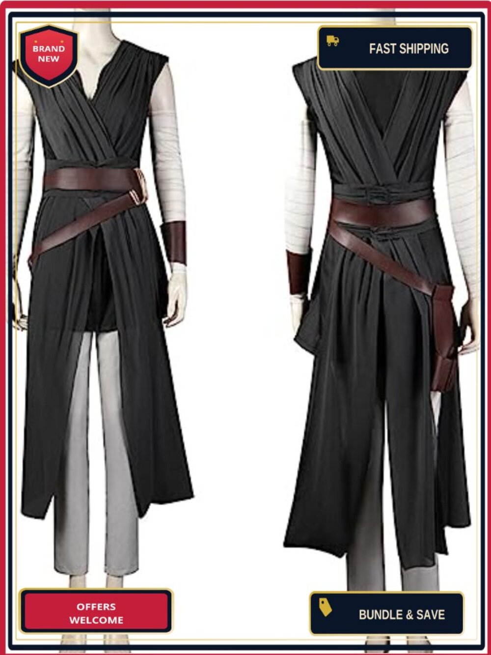 Rey Costume Womens Cosplay Battle Outfit Polyester PU Leather Warrior Uniform
